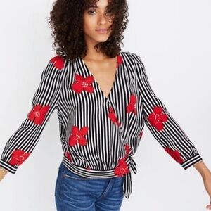 Madewell Black and White Striped Crop Top red floral XXS NWT